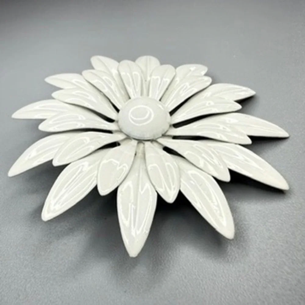 Vintage White Enamel Flower Brooch c. 1960s 3.5